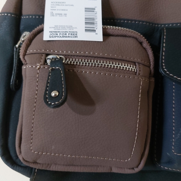 Soft Faux Leather Small Navy Blue Black Tan Colorblock Utility Handbag Purse - Picture 4 of 11